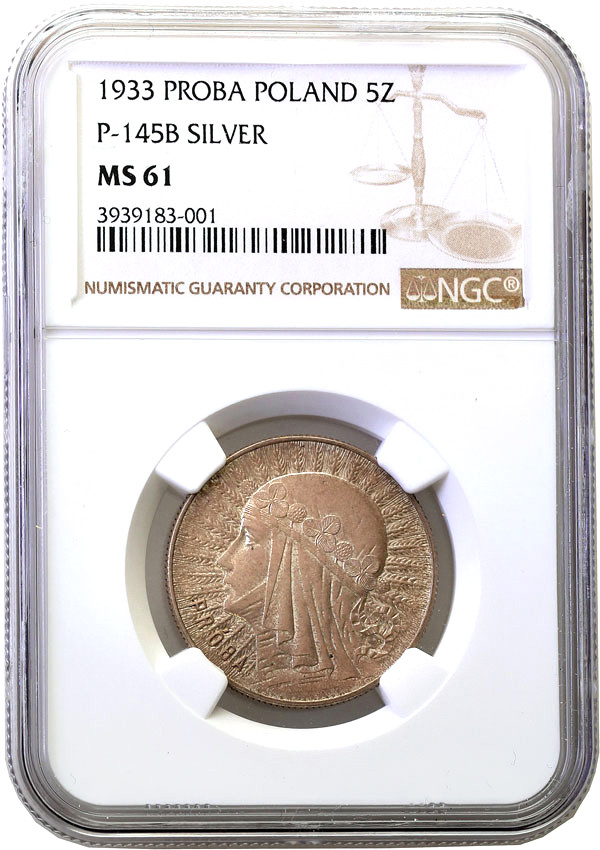II RP. PRÓBA srebro 5 złotych 1933, głowa kobiety Stempel Lustrzany NGC MS61